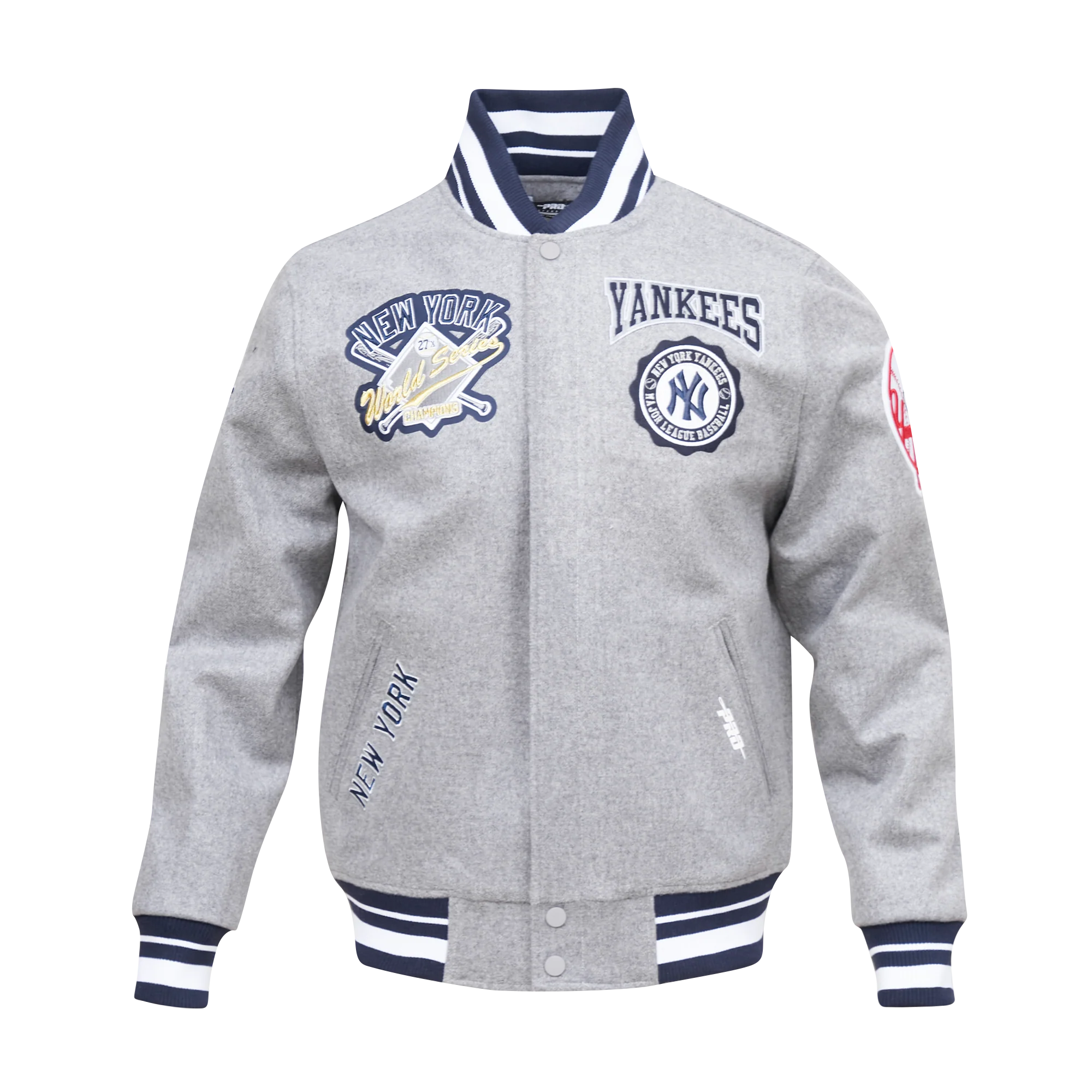 MLB NEW YORK YANKEES CREST EMBLEM RIB WOOL VARSITY JACKET (HEATHER GREY/MIDNIGHT NAVY)
