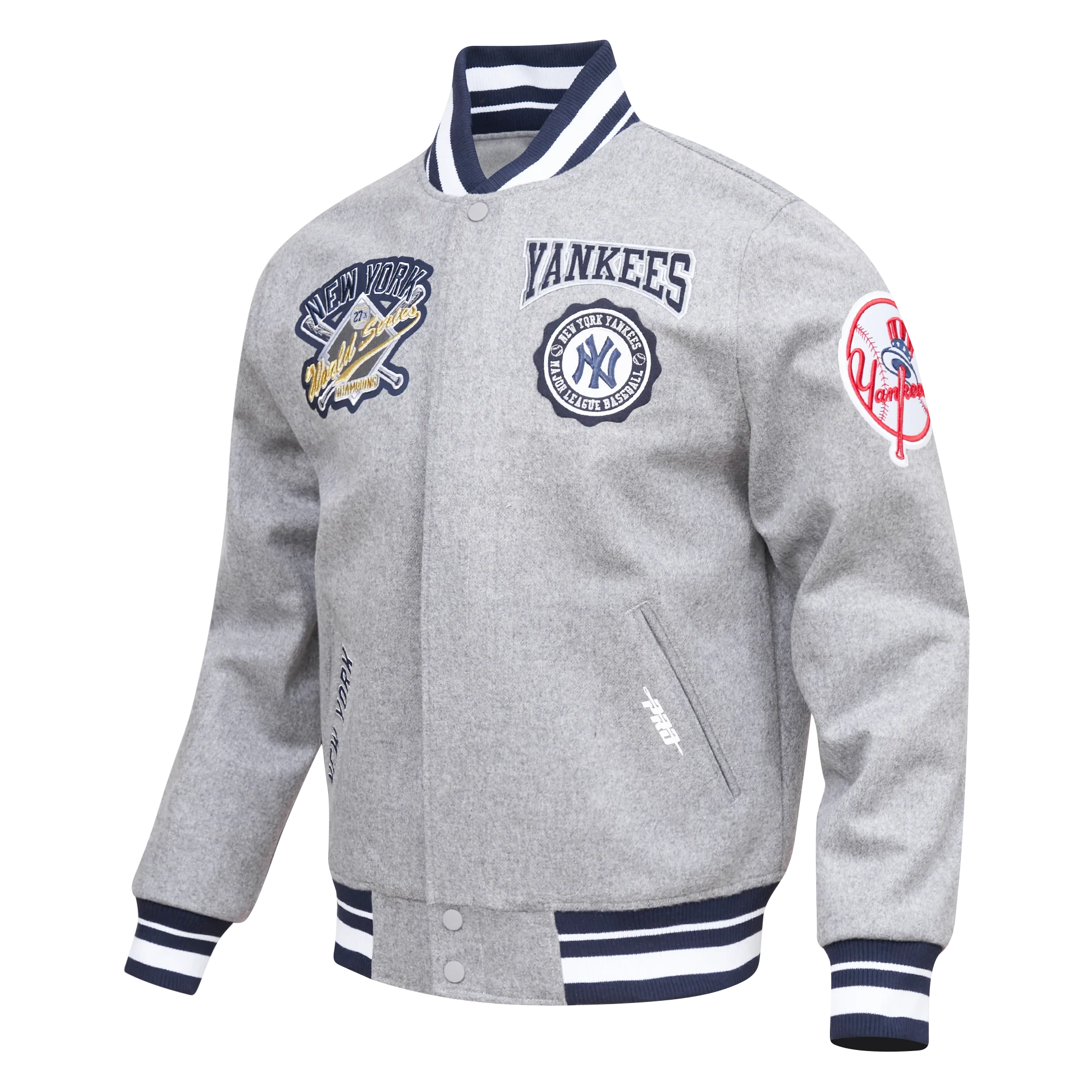 MLB NEW YORK YANKEES CREST EMBLEM RIB WOOL VARSITY JACKET (HEATHER GREY/MIDNIGHT NAVY) - Image 2