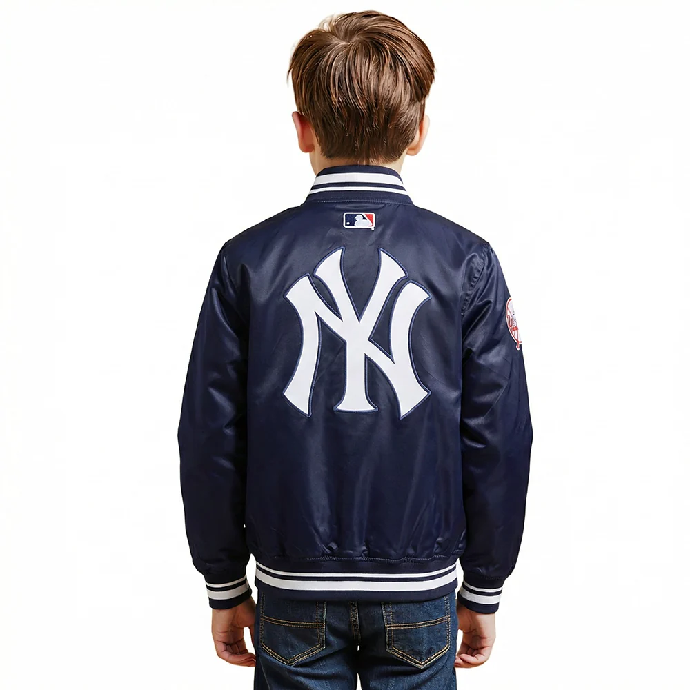 NEW YORK YANKEES SCRIPT TAIL BIG BOY'S RIB SATIN JACKET (MIDNIGHT NAVY) - Image 2