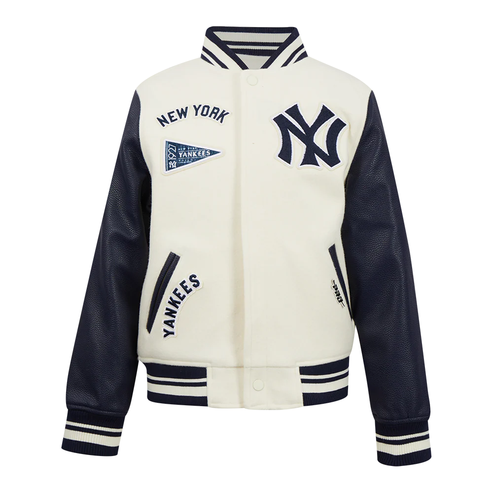 MLB NEW YORK YANKEES RETRO CLASSIC BIG BOYS RIB WOOL VARSITY JACKET (EGGSHELL/ MIDNIGHT NAVY)