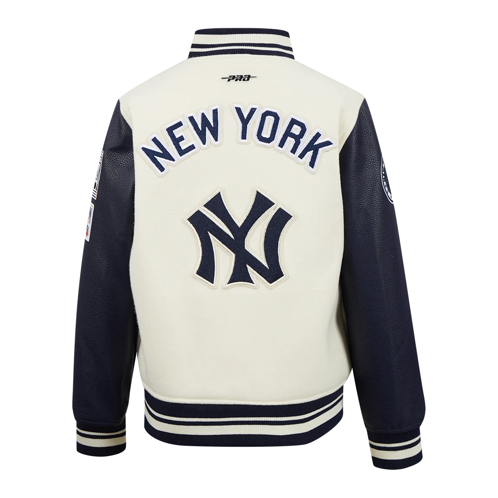 MLB NEW YORK YANKEES RETRO CLASSIC BIG BOYS RIB WOOL VARSITY JACKET (EGGSHELL/ MIDNIGHT NAVY) - Image 3