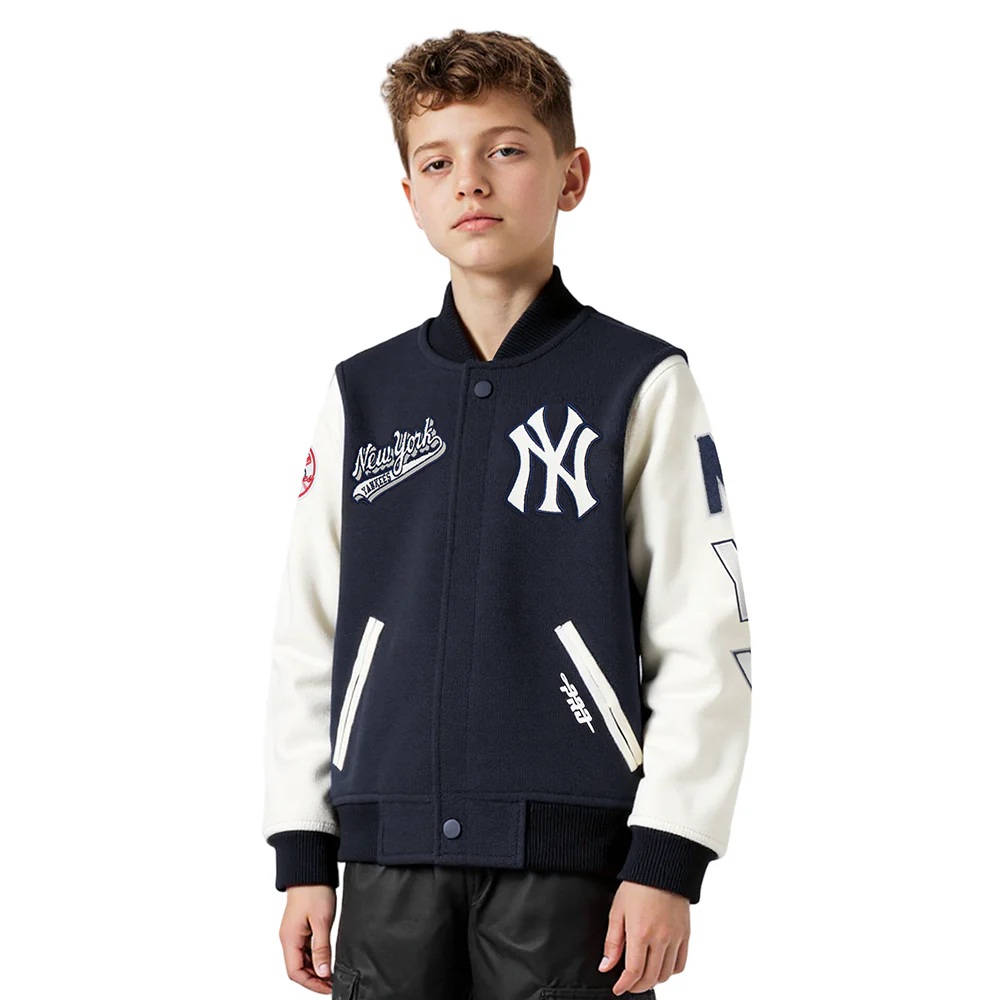 NEW YORK YANKEES SCRIPT TAIL BIG BOY'S RIB WOOL VARSITY JACKET (MIDNIGHT NAVY/WHITE)