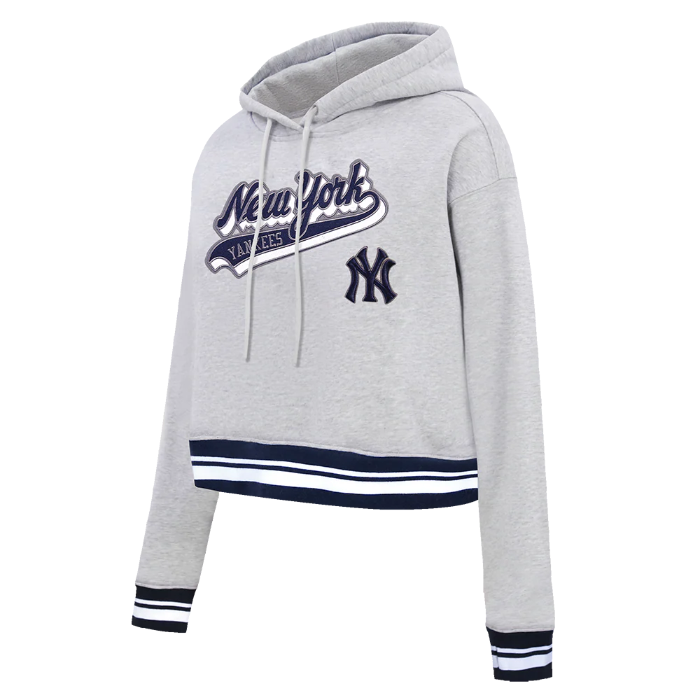 MLB NEW YORK YANKEES SCRIPT TAIL WOMEN'S RIB FLEECE CROPPED PULLOVER HOODIE (HEATHER GREY/MIDNIGHT NAVY) - Image 2