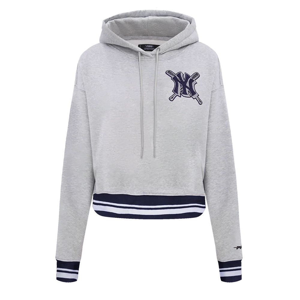 MLB NEW YORK YANKEES MASHUP WOMEN'S RIB CROPPED PULLOVER HOODIE (HEATHER GREY/MIDNIGHT NAVY)