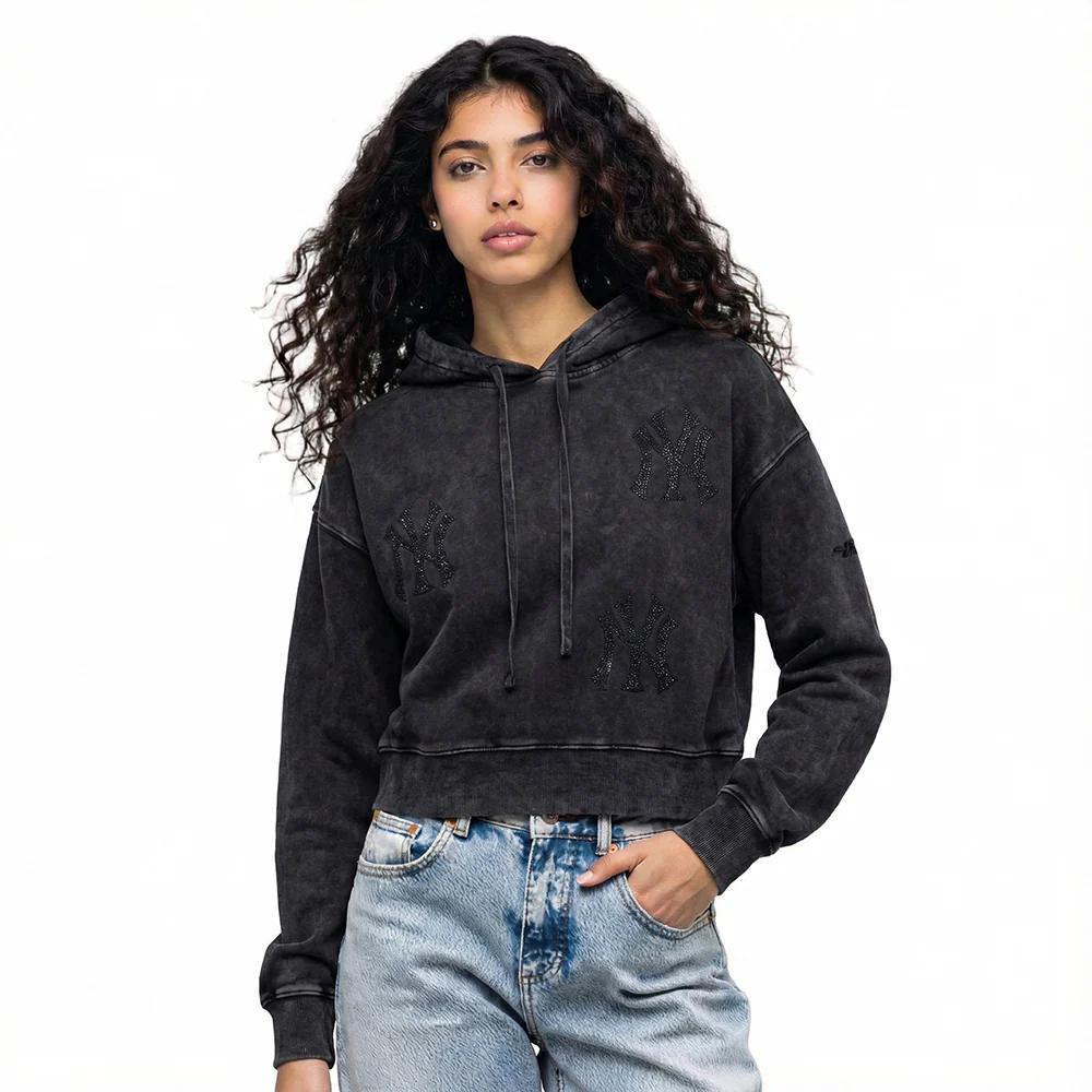 MLB NEW YORK YANKEES WASHED CRYSTALLINE WOMEN'S ENZYME WASH FT CROPPED (WASHED BLACK)