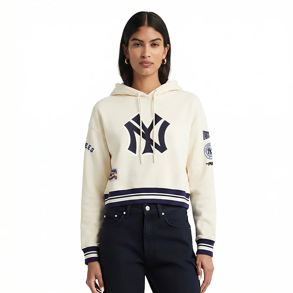 MLB NEW YORK YANKEES RETRO CLASSIC WOMEN'S RIB FLC CROPPED PO HOODIE (EGGSHELL/ MIDNIGHT NAVY)