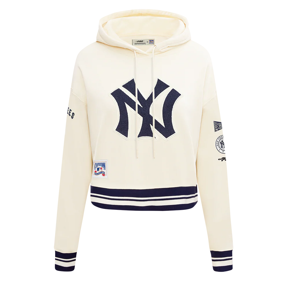 MLB NEW YORK YANKEES RETRO CLASSIC WOMEN'S RIB FLC CROPPED PO HOODIE (EGGSHELL/ MIDNIGHT NAVY) - Image 3