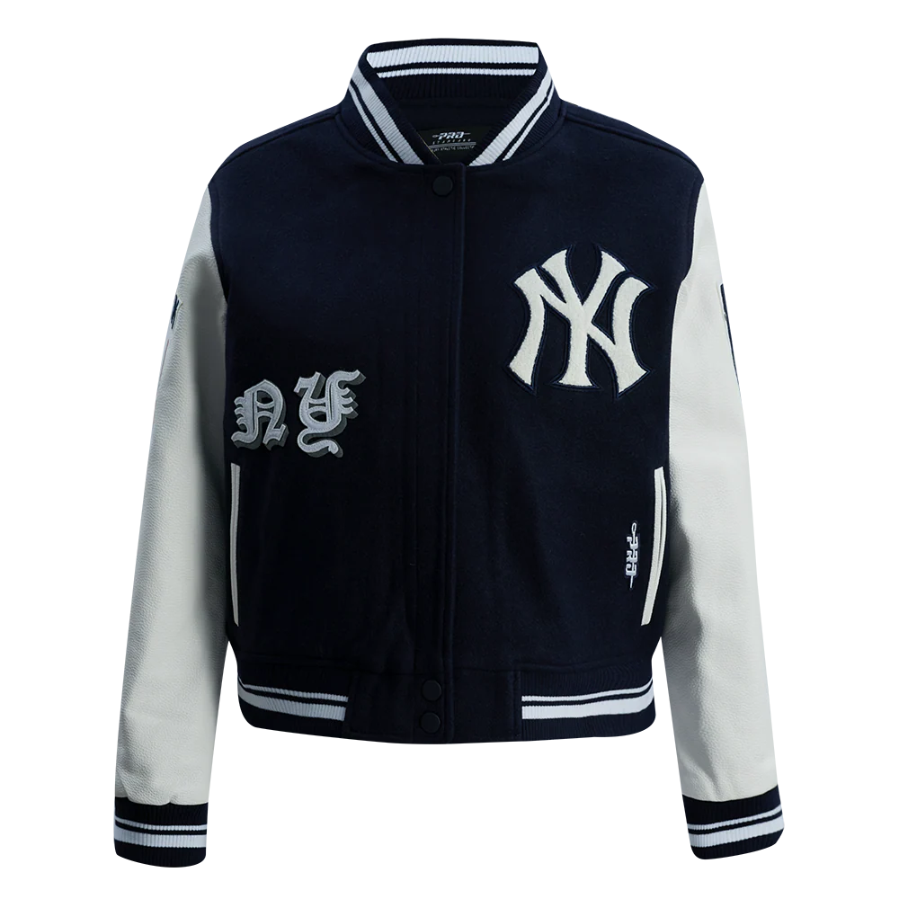 MLB NEW YORK YANKEES OLD ENGLISH WOMEN'S RIB WOOL VARSITY JACKET (MIDNIGHT NAVY/WHITE)