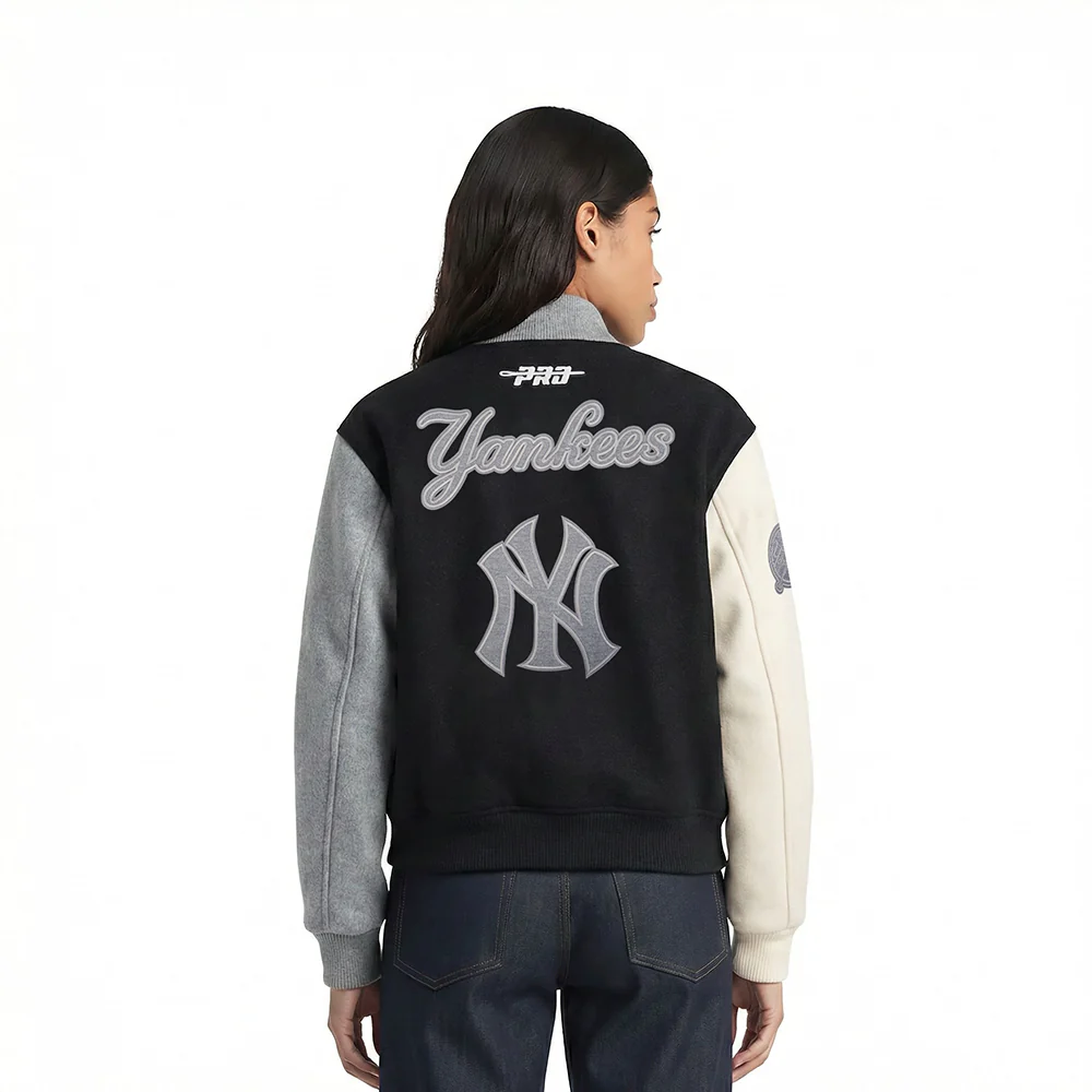 MLB NEW YORK YANKEES REVERSE FRENCH TERRY WOMEN'S WOOL VARSITY JACKET (BLACK/GRAY/EGGSHELL) - Image 2