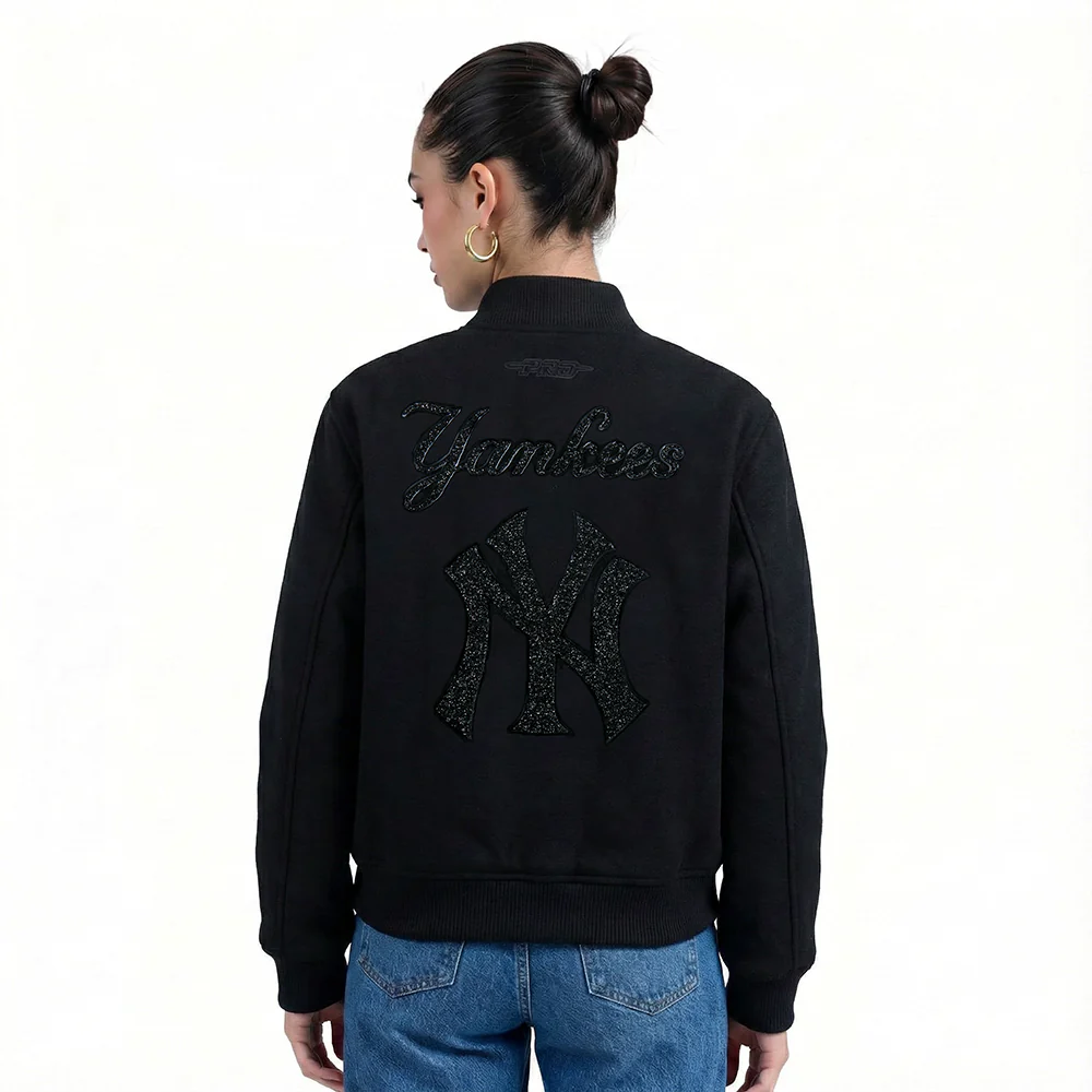 MLB NEW YORK YANKEES WASHED CRYSTALLINE WOMEN'S SOLID WOOL VARSITY JAC (BLACK) - Image 2
