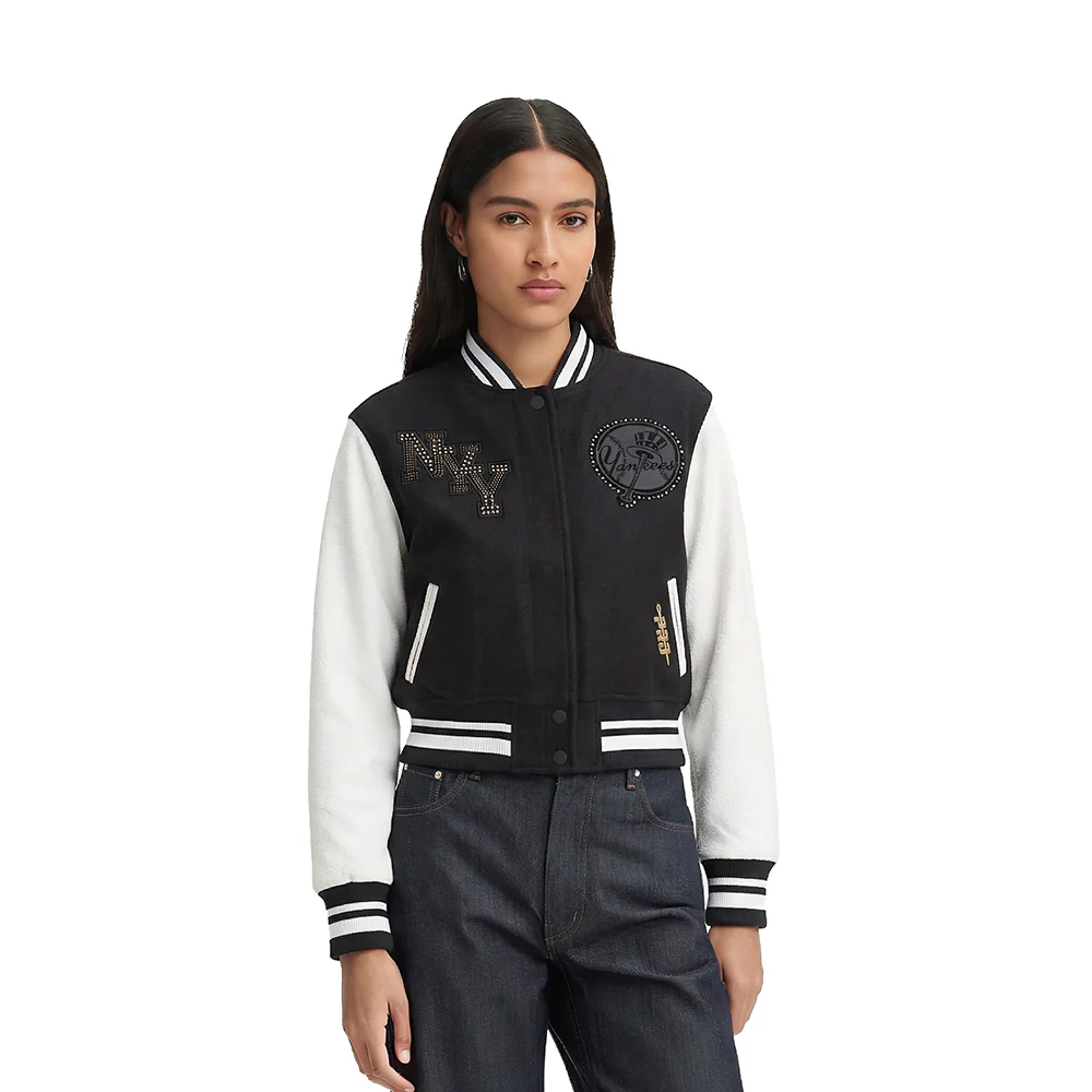 MLB NEW YORK YANKEES RENEGADE WOMEN'S RIB CROPPED WOOL VARSITY JACKET (BLACK/WHITE)