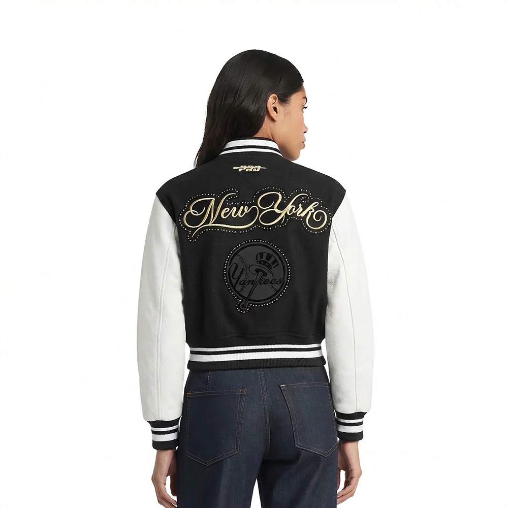 MLB NEW YORK YANKEES RENEGADE WOMEN'S RIB CROPPED WOOL VARSITY JACKET (BLACK/WHITE) - Image 2