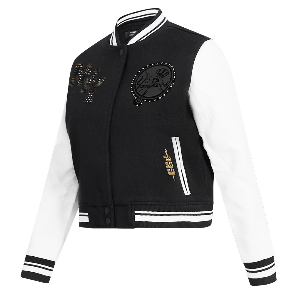 MLB NEW YORK YANKEES RENEGADE WOMEN'S RIB CROPPED WOOL VARSITY JACKET (BLACK/WHITE) - Image 3