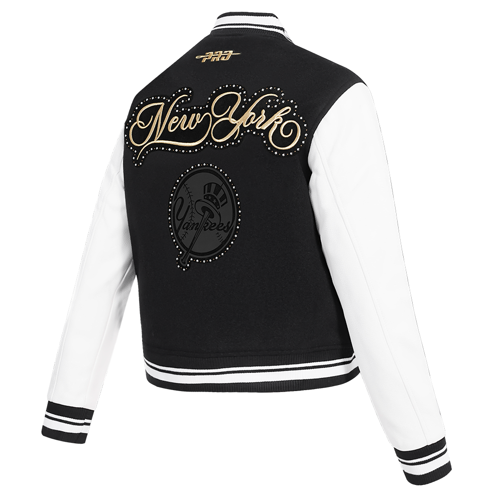 MLB NEW YORK YANKEES RENEGADE WOMEN'S RIB CROPPED WOOL VARSITY JACKET (BLACK/WHITE) - Image 4