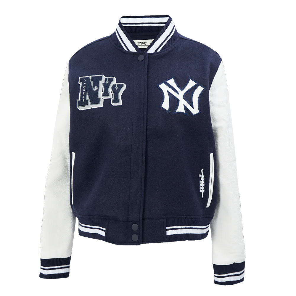 MLB NEW YORK YANKEES BEST OF WOMEN'S CROPPED RIB WOOL VARSITY JACKET (MIDNIGHT NAVY/WHITE)