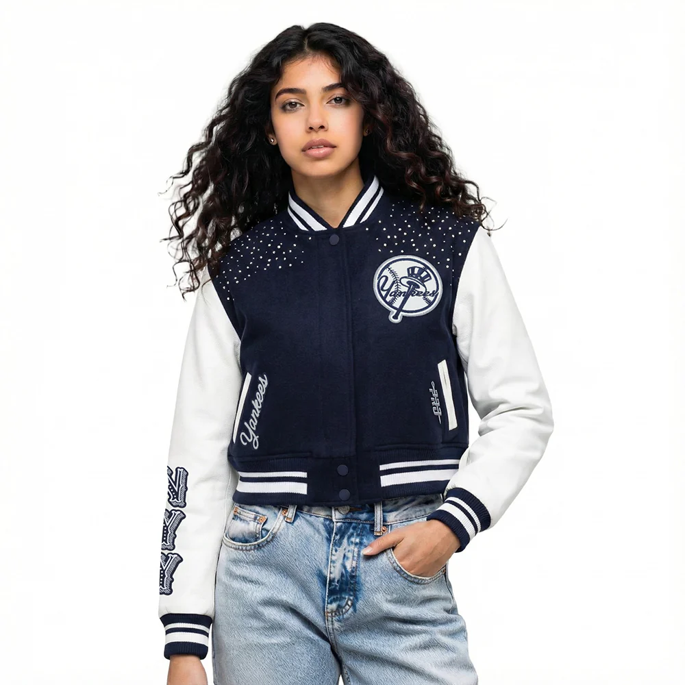 MLB NEW YORK YANKEES LEGACY WOMEN'S CROPPED RIB WOOL VARSITY JACKET (MIDNIGHT NAVY/WHITE)