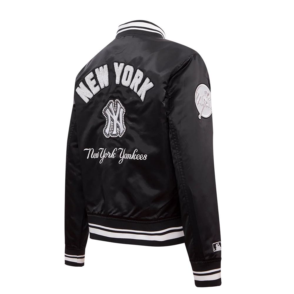 MLB NEW YORK YANKEES PEARLS WOMEN'S RIB SATIN JACKET (BLACK) - Image 4