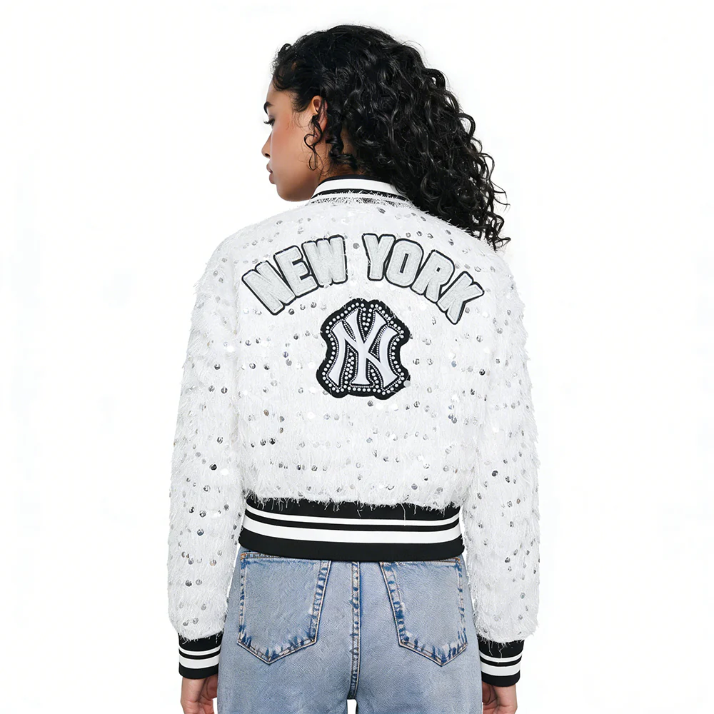 MLB NEW YORK YANKEES FASHION GLAM	 WOMEN'S  CROPPED FAUX FEATHER JACKET (WHITE FRINGE)
