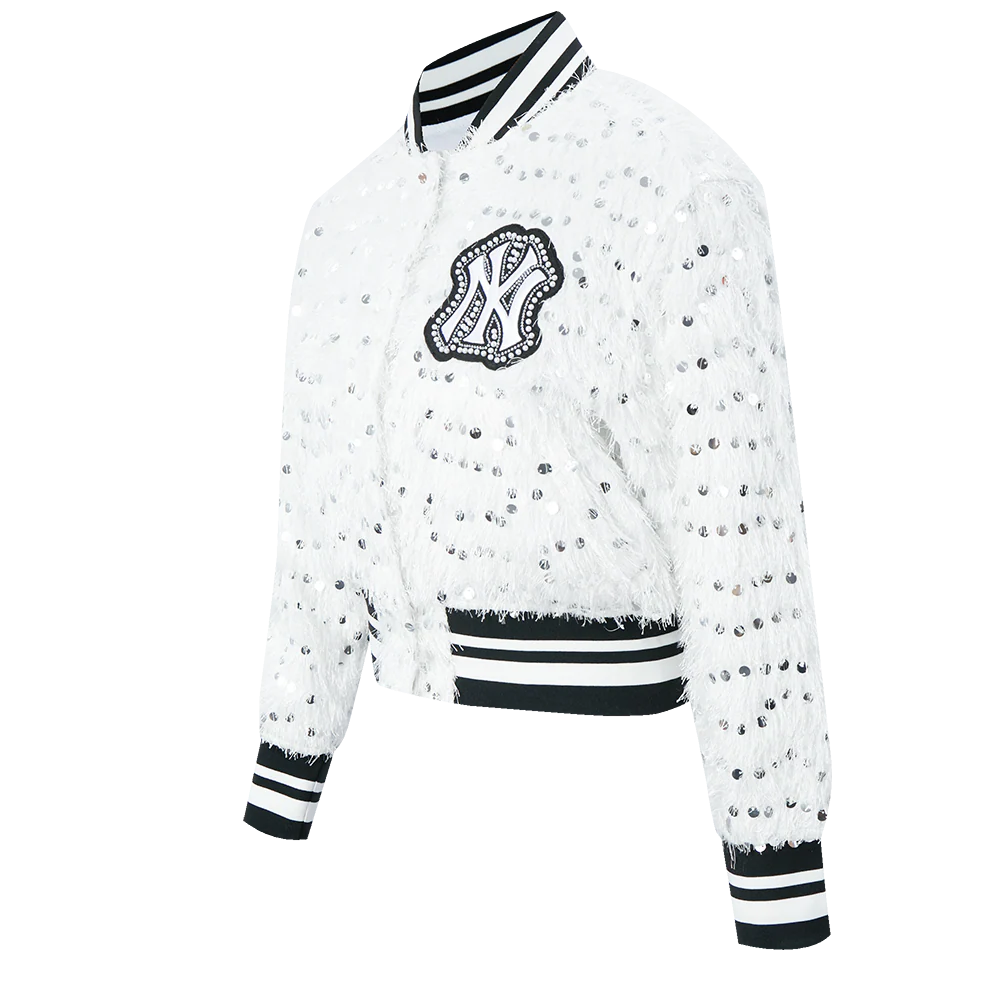 MLB NEW YORK YANKEES FASHION GLAM	 WOMEN'S  CROPPED FAUX FEATHER JACKET (WHITE FRINGE) - Image 2