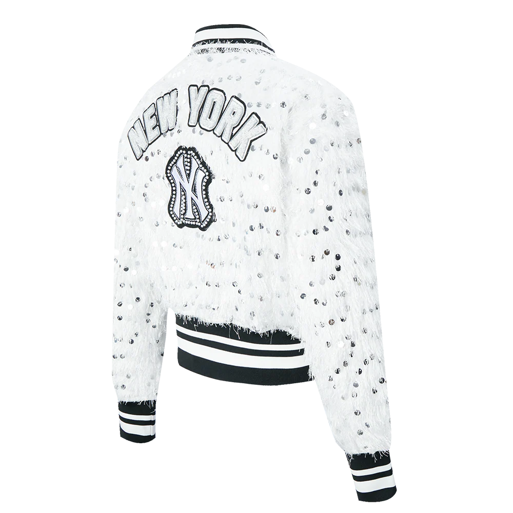 MLB NEW YORK YANKEES FASHION GLAM	 WOMEN'S  CROPPED FAUX FEATHER JACKET (WHITE FRINGE) - Image 3