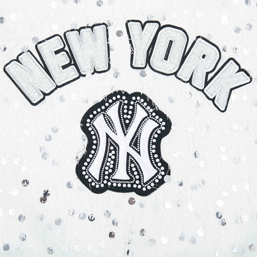 MLB NEW YORK YANKEES FASHION GLAM	 WOMEN'S  CROPPED FAUX FEATHER JACKET (WHITE FRINGE) - Image 4