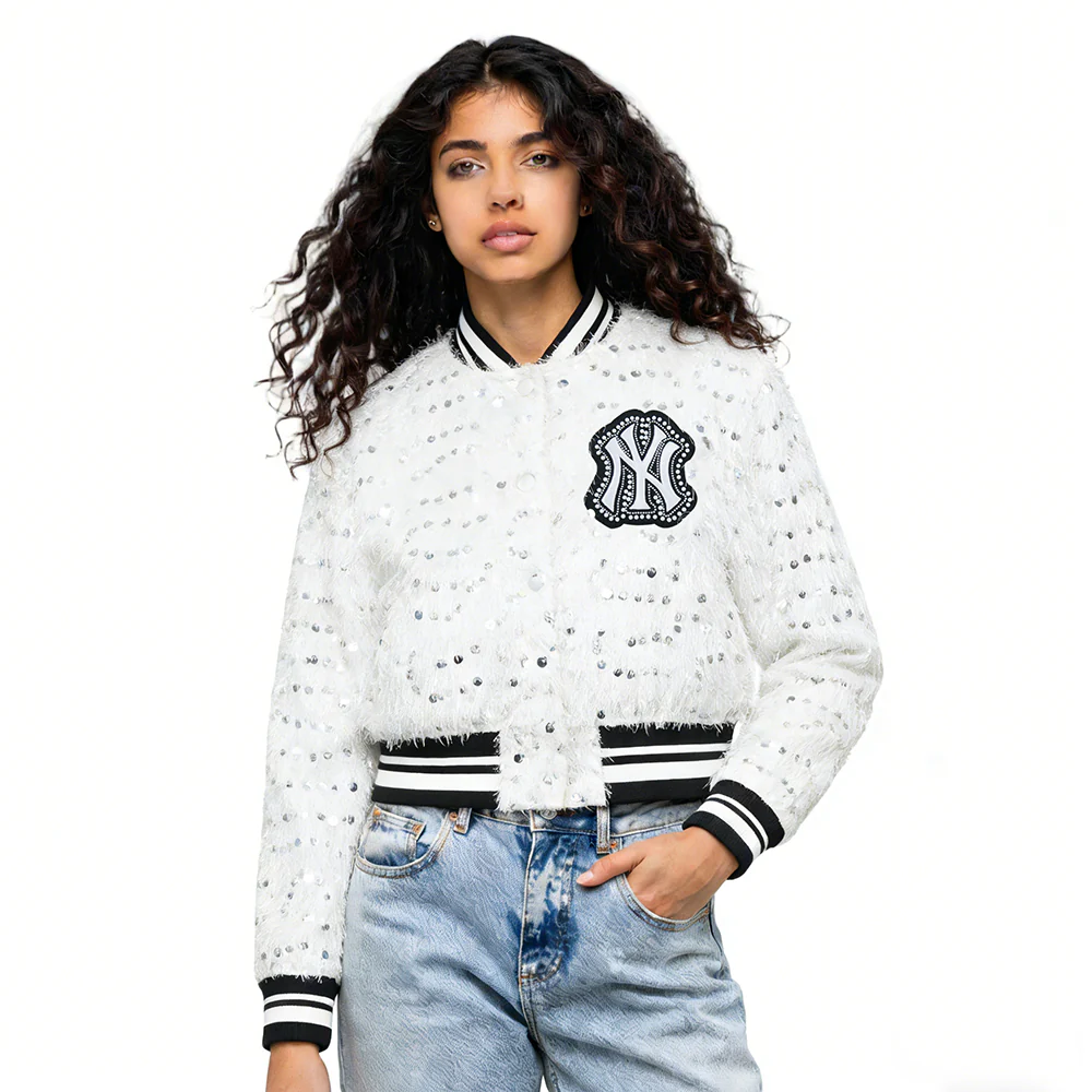 MLB NEW YORK YANKEES FASHION GLAM	 WOMEN'S  CROPPED FAUX FEATHER JACKET (WHITE FRINGE) - Image 6