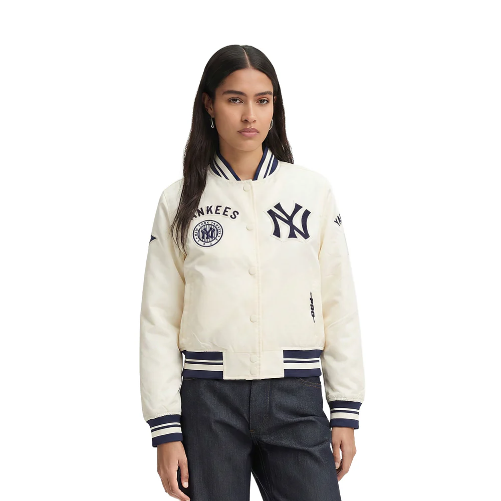 MLB NEW YORK YANKEES RETRO CLASSIC WOMEN'S RIB SATIN JACKET (EGGSHELL/ MIDNIGHT NAVY)
