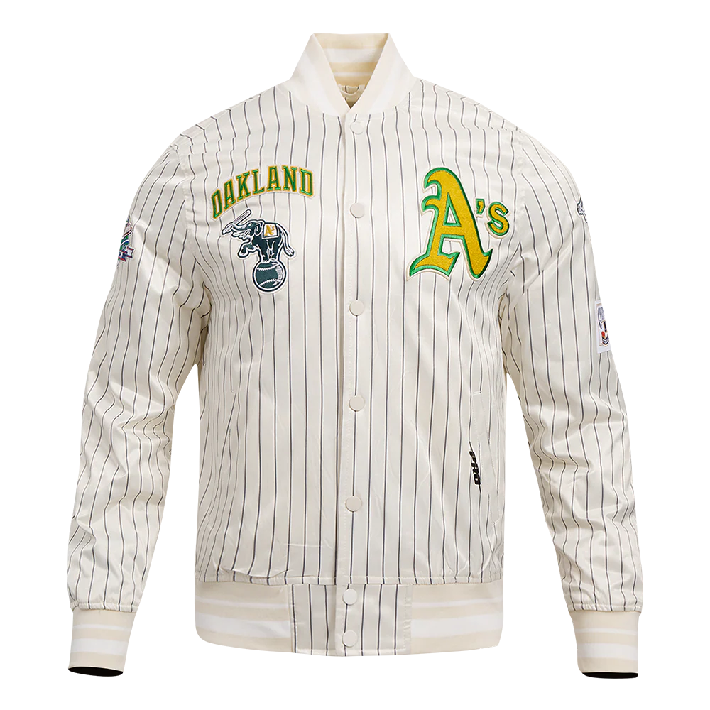 MLB OAKLAND ATHLETICS PINSTRIPE RETRO CLASSIC MEN'S RIB SATIN JACKET (EGGSHELL/ GREY)