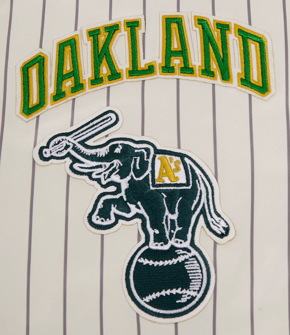 MLB OAKLAND ATHLETICS PINSTRIPE RETRO CLASSIC MEN'S RIB SATIN JACKET (EGGSHELL/ GREY) - Image 6