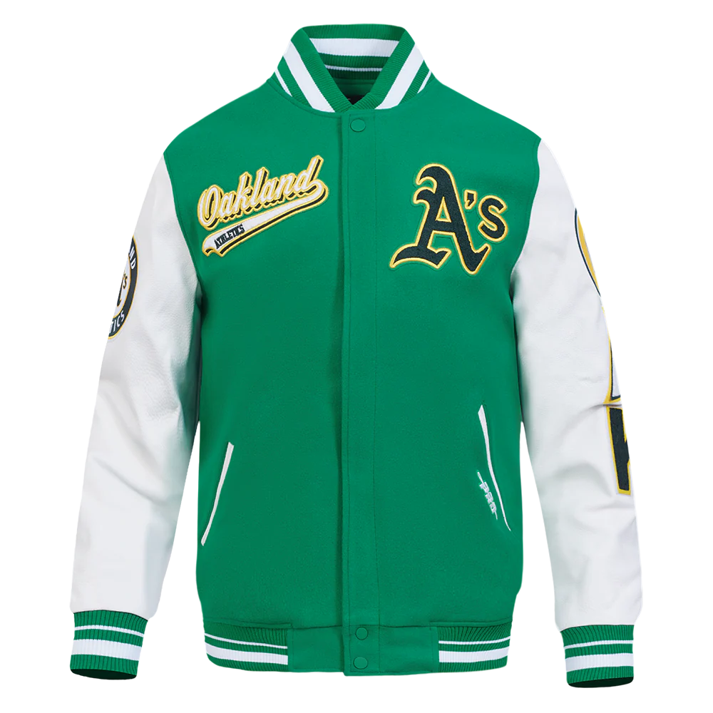 MLB OAKLAND ATHLETICS SCRIPT TAIL MEN'S RIB WOOL VARSITY JACKET (KELLY GREEN/ WHITE)