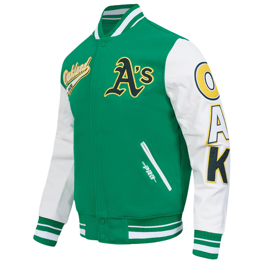 MLB OAKLAND ATHLETICS SCRIPT TAIL MEN'S RIB WOOL VARSITY JACKET (KELLY GREEN/ WHITE) - Image 2