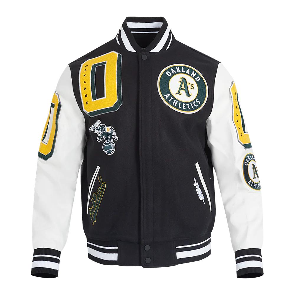 MLB OAKLAND ATHLETICS MASHUP MEN'S RIB WOOL VARSITY JACKET (BLACK/WHITE)