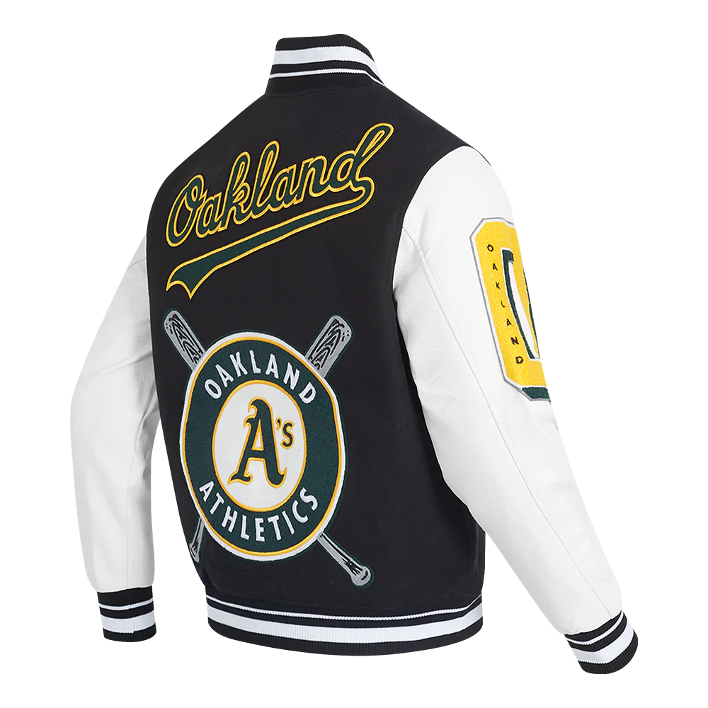 MLB OAKLAND ATHLETICS MASHUP MEN'S RIB WOOL VARSITY JACKET (BLACK/WHITE) - Image 4