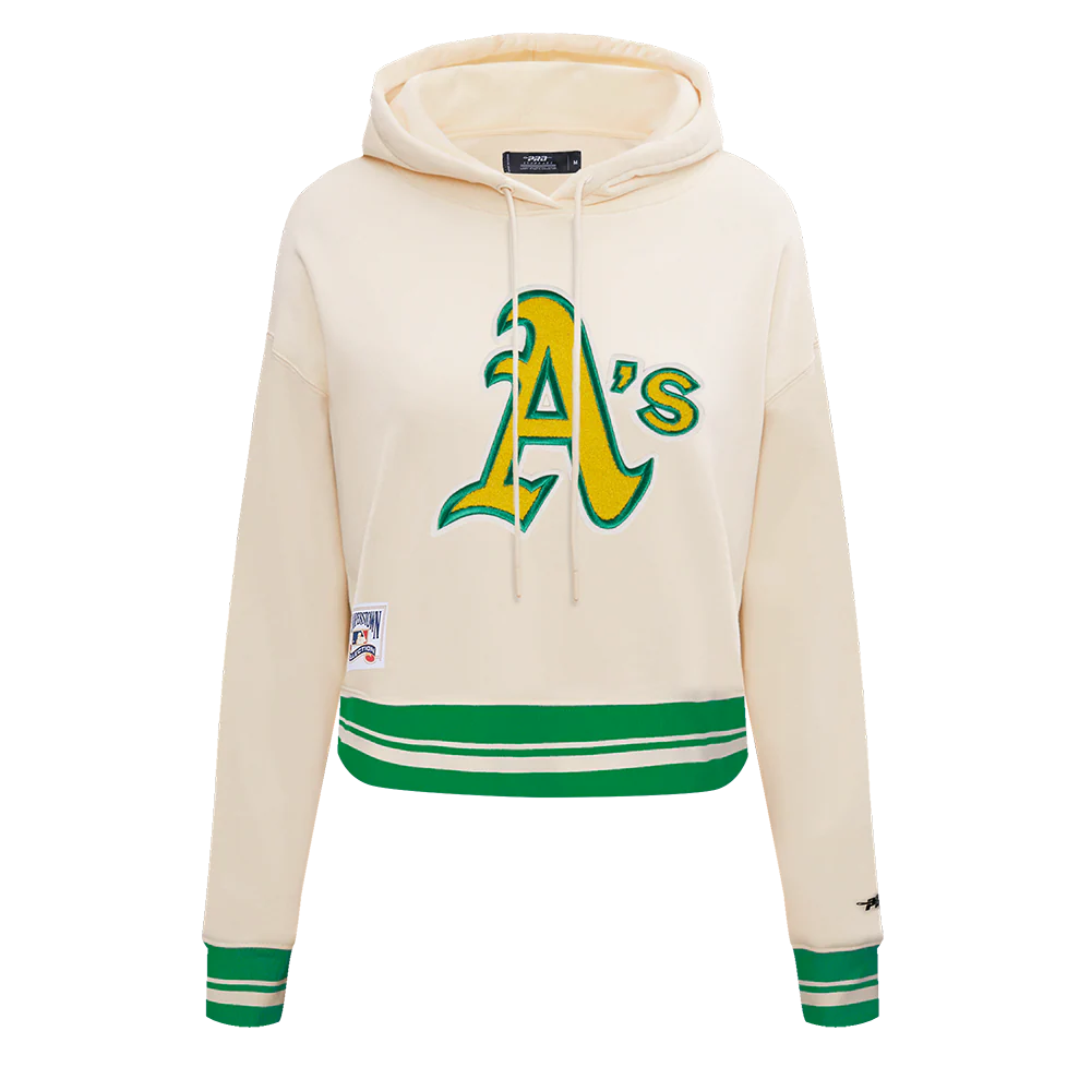 MLB OAKLAND ATHLETICS RETRO CLASSIC WOMEN'S CROPPED PULLOVER HOODIE (EGGSHELL/ KELLY GREEN)