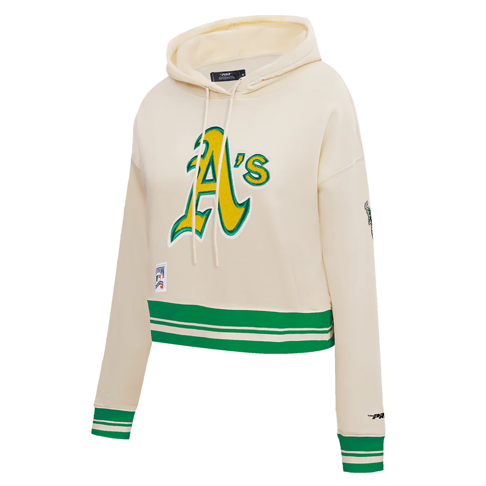 MLB OAKLAND ATHLETICS RETRO CLASSIC WOMEN'S CROPPED PULLOVER HOODIE (EGGSHELL/ KELLY GREEN) - Image 2