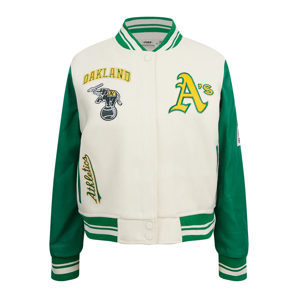 MLB OAKLAND ATHLETICS RETRO CLASSIC WOMEN'S RIB WOOL VARSITY JACKET (EGGSHELL/ KELLY GREEN)