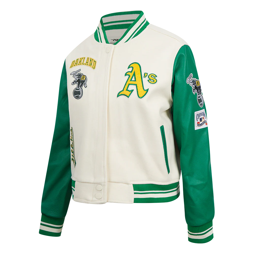 MLB OAKLAND ATHLETICS RETRO CLASSIC WOMEN'S RIB WOOL VARSITY JACKET (EGGSHELL/ KELLY GREEN) - Image 2