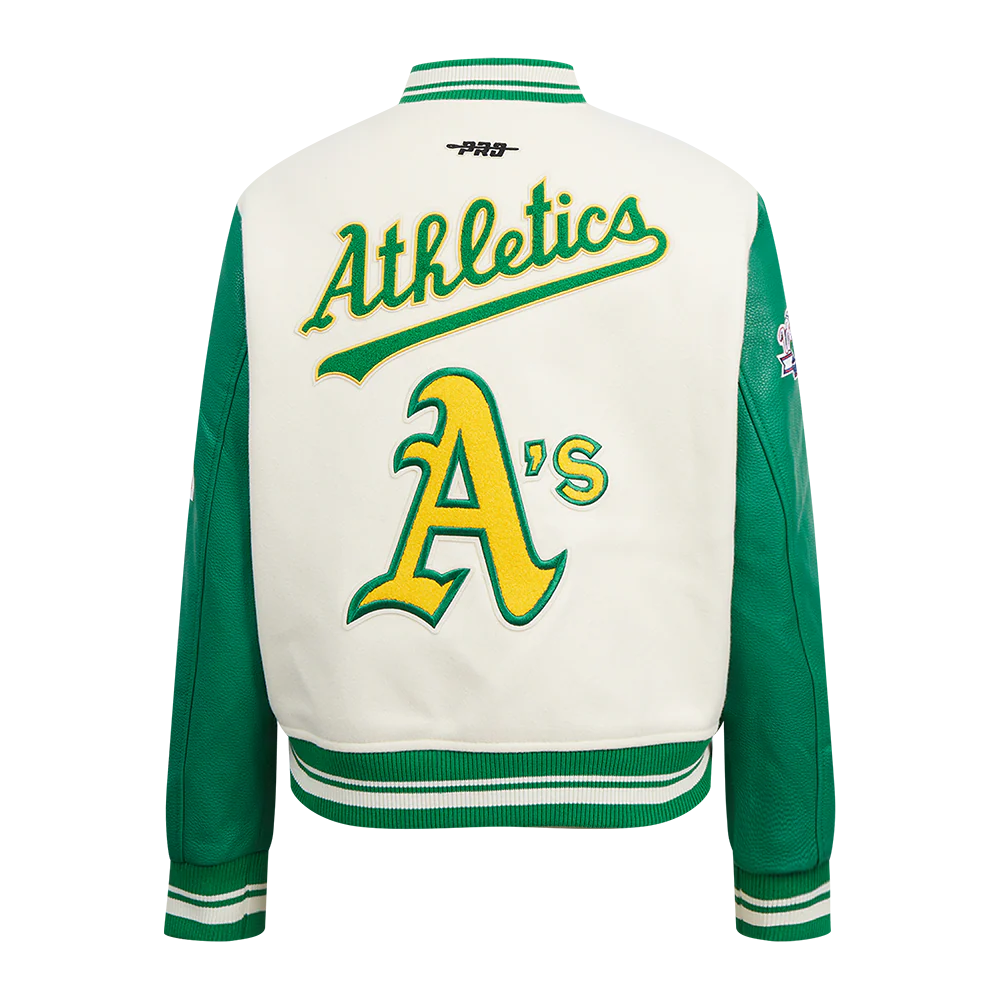 MLB OAKLAND ATHLETICS RETRO CLASSIC WOMEN'S RIB WOOL VARSITY JACKET (EGGSHELL/ KELLY GREEN) - Image 3