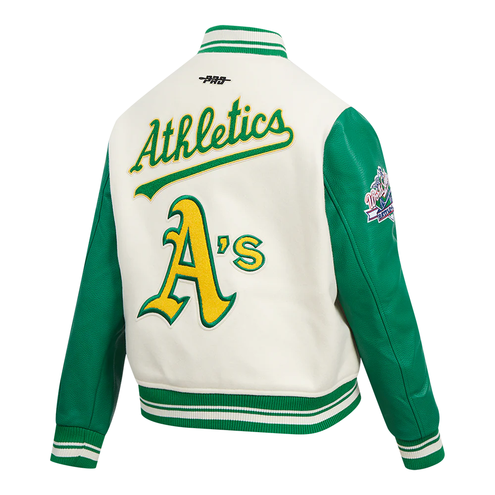 MLB OAKLAND ATHLETICS RETRO CLASSIC WOMEN'S RIB WOOL VARSITY JACKET (EGGSHELL/ KELLY GREEN) - Image 4