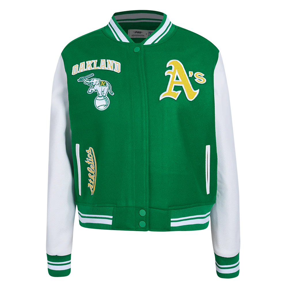 MLB OAKLAND ATHLETICS RETRO CLASSIC WOMEN'S RIB WOOL VARSITY JACKET (KELLY GREEN/ WHITE)