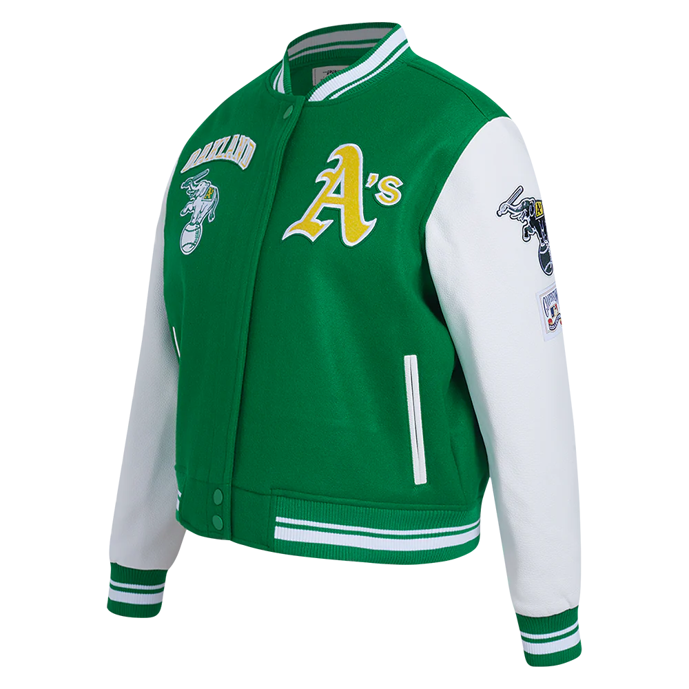 MLB OAKLAND ATHLETICS RETRO CLASSIC WOMEN'S RIB WOOL VARSITY JACKET (KELLY GREEN/ WHITE) - Image 2