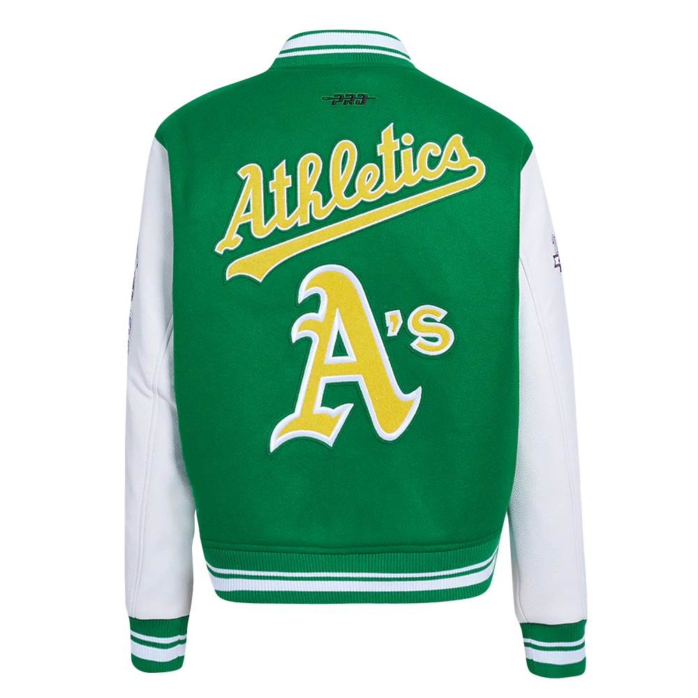 MLB OAKLAND ATHLETICS RETRO CLASSIC WOMEN'S RIB WOOL VARSITY JACKET (KELLY GREEN/ WHITE) - Image 3