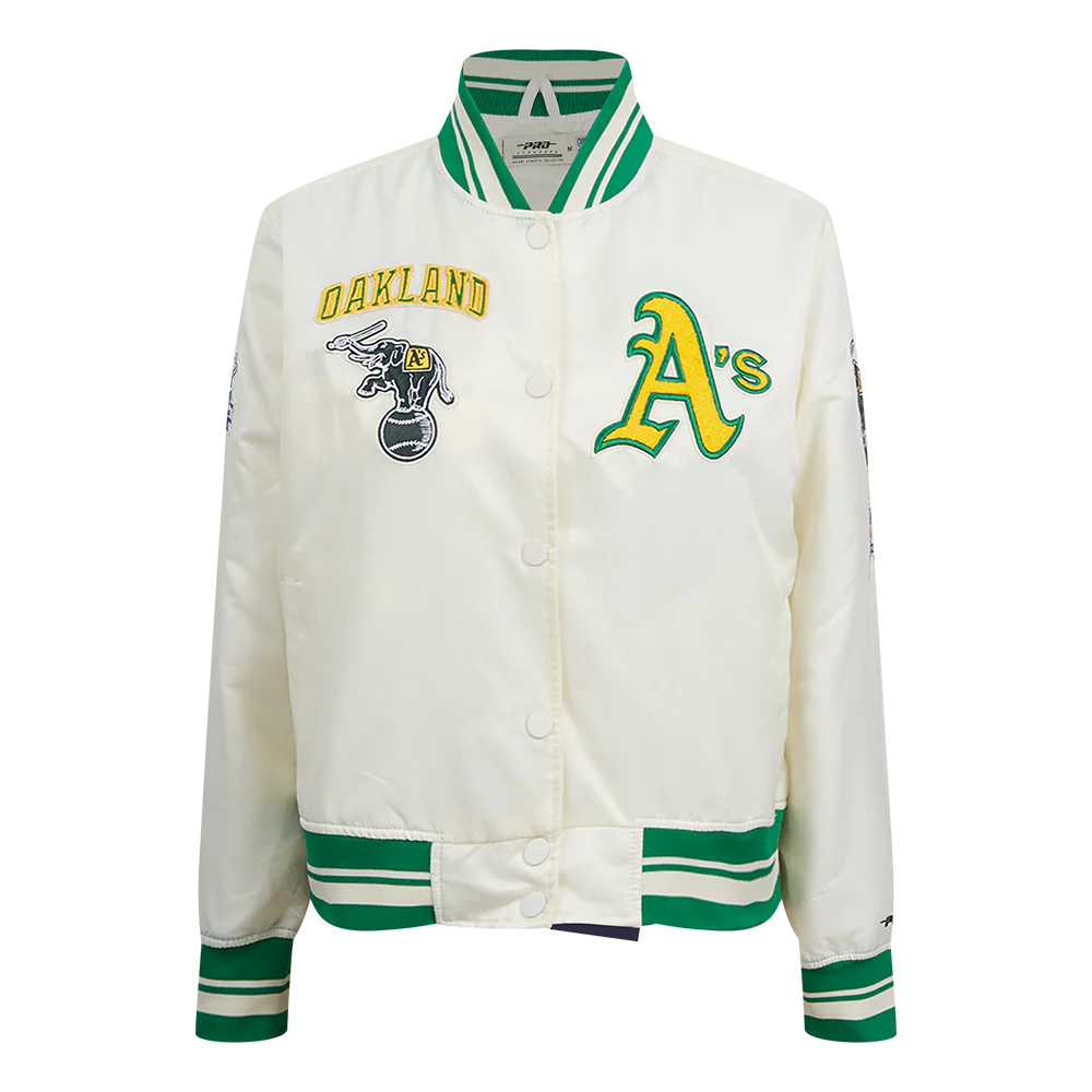 MLB OAKLAND ATHLETICS RETRO CLASSIC WOMEN'S RIB SATIN JACKET (EGGSHELL/ KELLY GREEN)