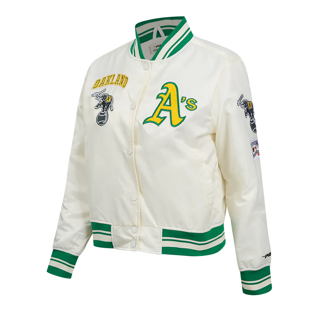 MLB OAKLAND ATHLETICS RETRO CLASSIC WOMEN'S RIB SATIN JACKET (EGGSHELL/ KELLY GREEN) - Image 2