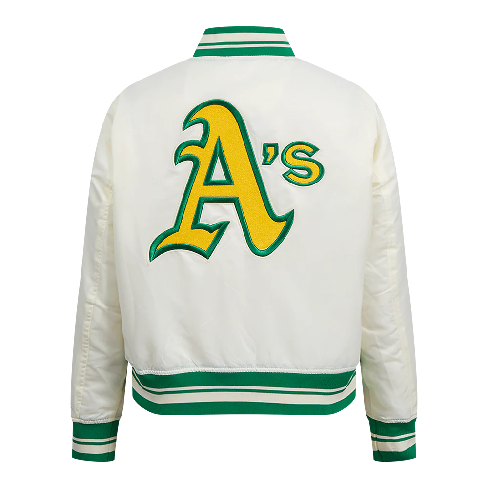 MLB OAKLAND ATHLETICS RETRO CLASSIC WOMEN'S RIB SATIN JACKET (EGGSHELL/ KELLY GREEN) - Image 3