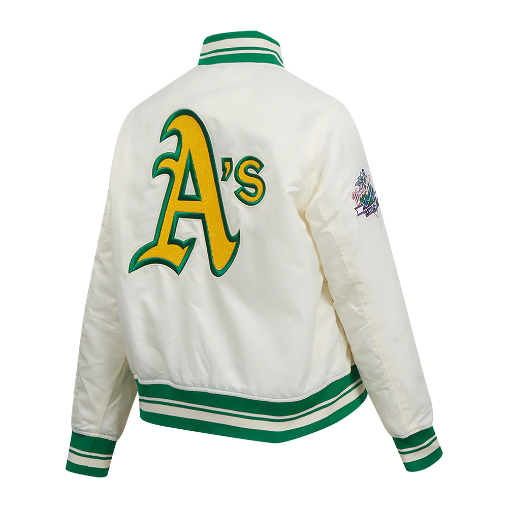 MLB OAKLAND ATHLETICS RETRO CLASSIC WOMEN'S RIB SATIN JACKET (EGGSHELL/ KELLY GREEN) - Image 4
