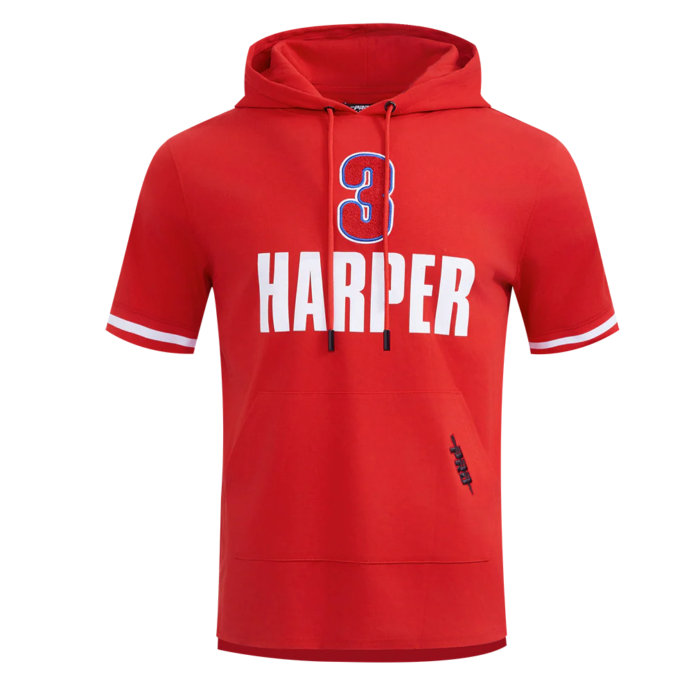 MLB PHILADELPHIA PHILLIES BRYCE HARPER #3 CLASSIC MEN'S SHORT SLEEVE PULLOVER HOODIE (RED)