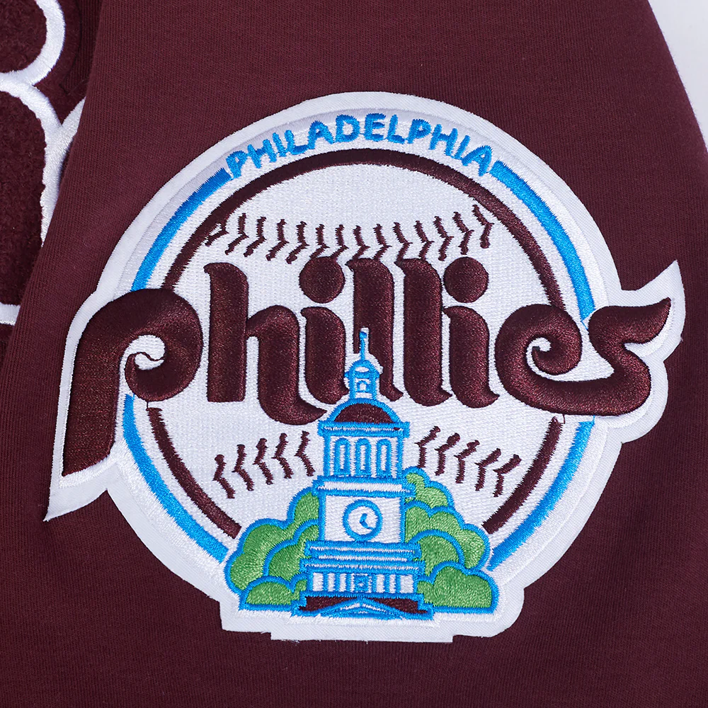 MLB PHILADELPHIA PHILLIES CLASSIC CHENILLE DOUBLE KNIT SHORT SLEEVE PULLOVER HOODIE (WINE) - Image 6