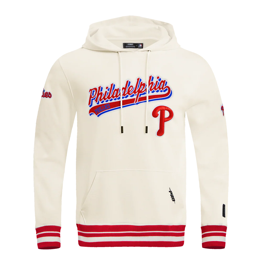 MLB PHILADELPHIA PHILLIES SCRIPT TAIL MEN'S RIB FLEECE PULLOVER HOODIE (EGGSHELL/ RED)