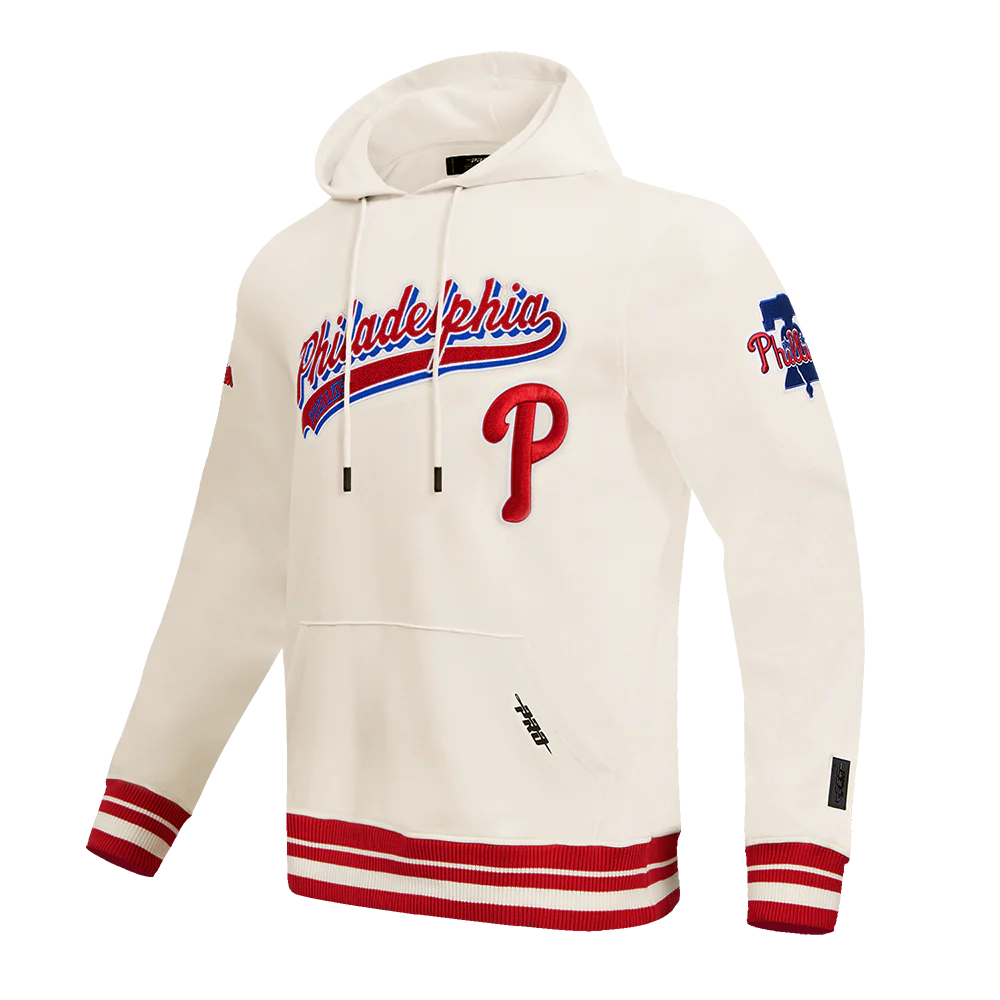 MLB PHILADELPHIA PHILLIES SCRIPT TAIL MEN'S RIB FLEECE PULLOVER HOODIE (EGGSHELL/ RED) - Image 2